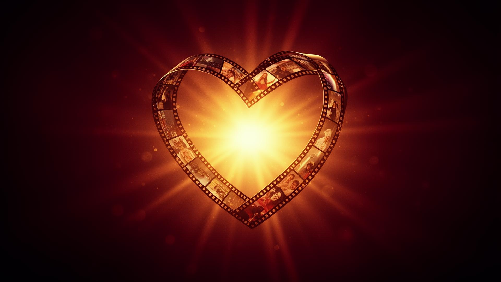 A glowing heart made of film strips, symbolizing TRUEHNFLIX compassion cinema